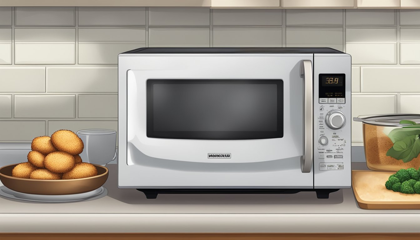 A microwave and an oven sit on a kitchen counter, with a plate of farm rich breaded mushrooms next to them