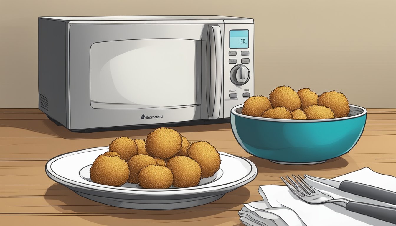 A plate of golden brown breaded mushrooms sits on a microwave-safe dish next to a paper towel, with a microwave in the background