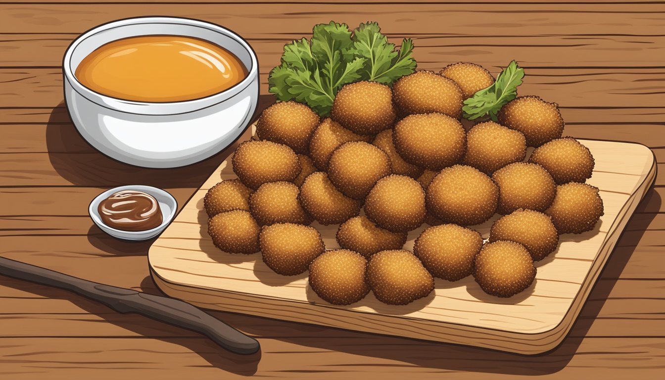 A plate of reheated Farm Rich breaded mushrooms, arranged neatly with a side of dipping sauce, served on a wooden cutting board