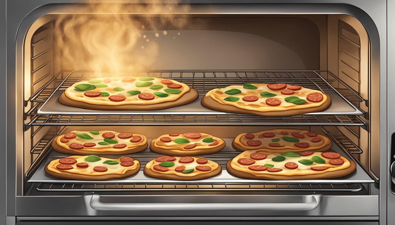 A flatbread sausage pizza being reheated in a preheated oven, with steam rising from the hot surface