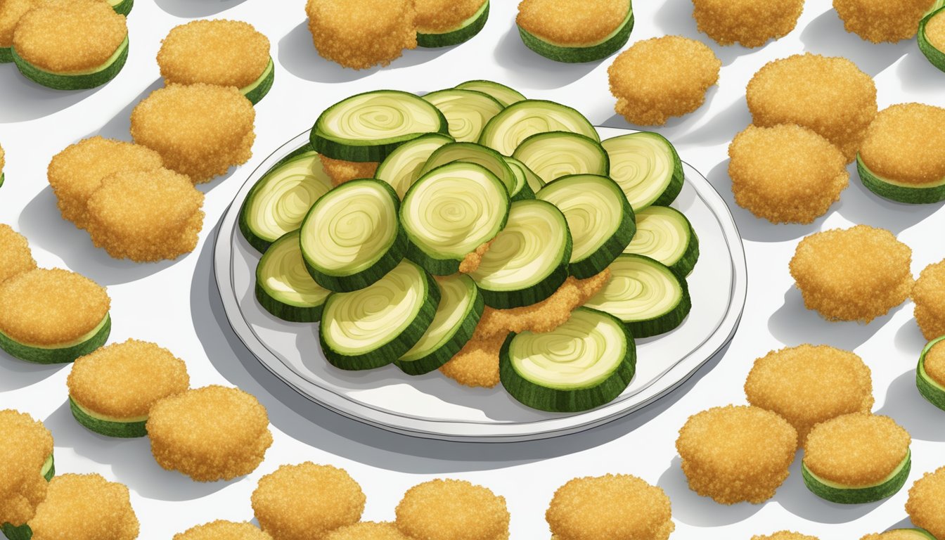 A plate of golden-brown breaded zucchini sticks arranged in a circular pattern, steam rising from the hot food