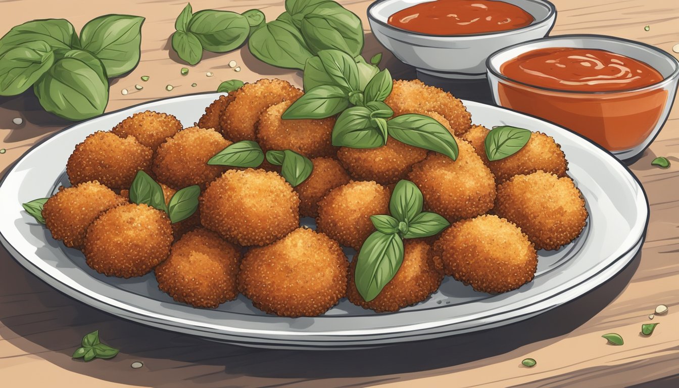 A plate of reheated Farm Rich breaded mushrooms next to a bowl of marinara sauce, surrounded by fresh basil leaves and a sprinkle of parmesan cheese