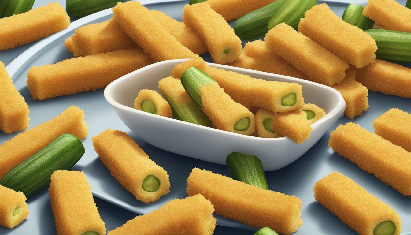 A plate of golden-brown breaded zucchini sticks arranged neatly on a microwave-safe dish, with steam rising from the hot, crispy snacks