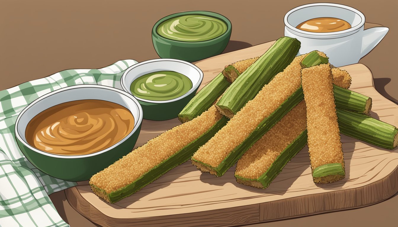 A plate of reheated farm rich breaded zucchini sticks with a side of dipping sauce on a wooden cutting board