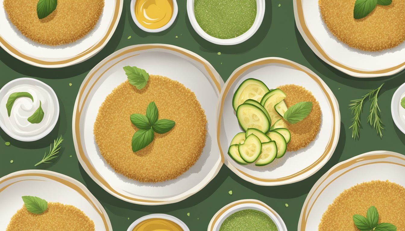 A plate of golden brown breaded zucchini sticks arranged in a circular pattern, with a side of dipping sauce and a sprinkle of herbs on top