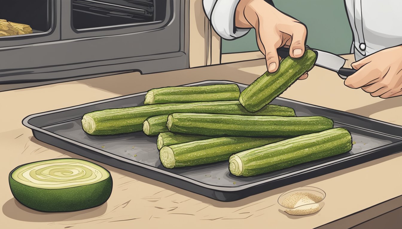 A hand placing farm rich breaded zucchini sticks onto a baking sheet lined with parchment paper, then placing the sheet into a preheated oven