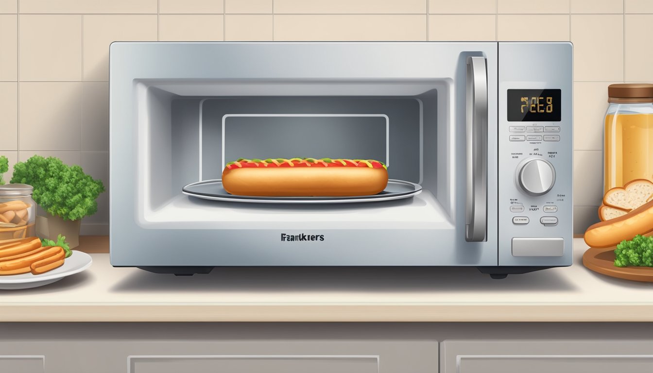 A microwave with an open door, a plate of frankfurters, and a timer set to reheat