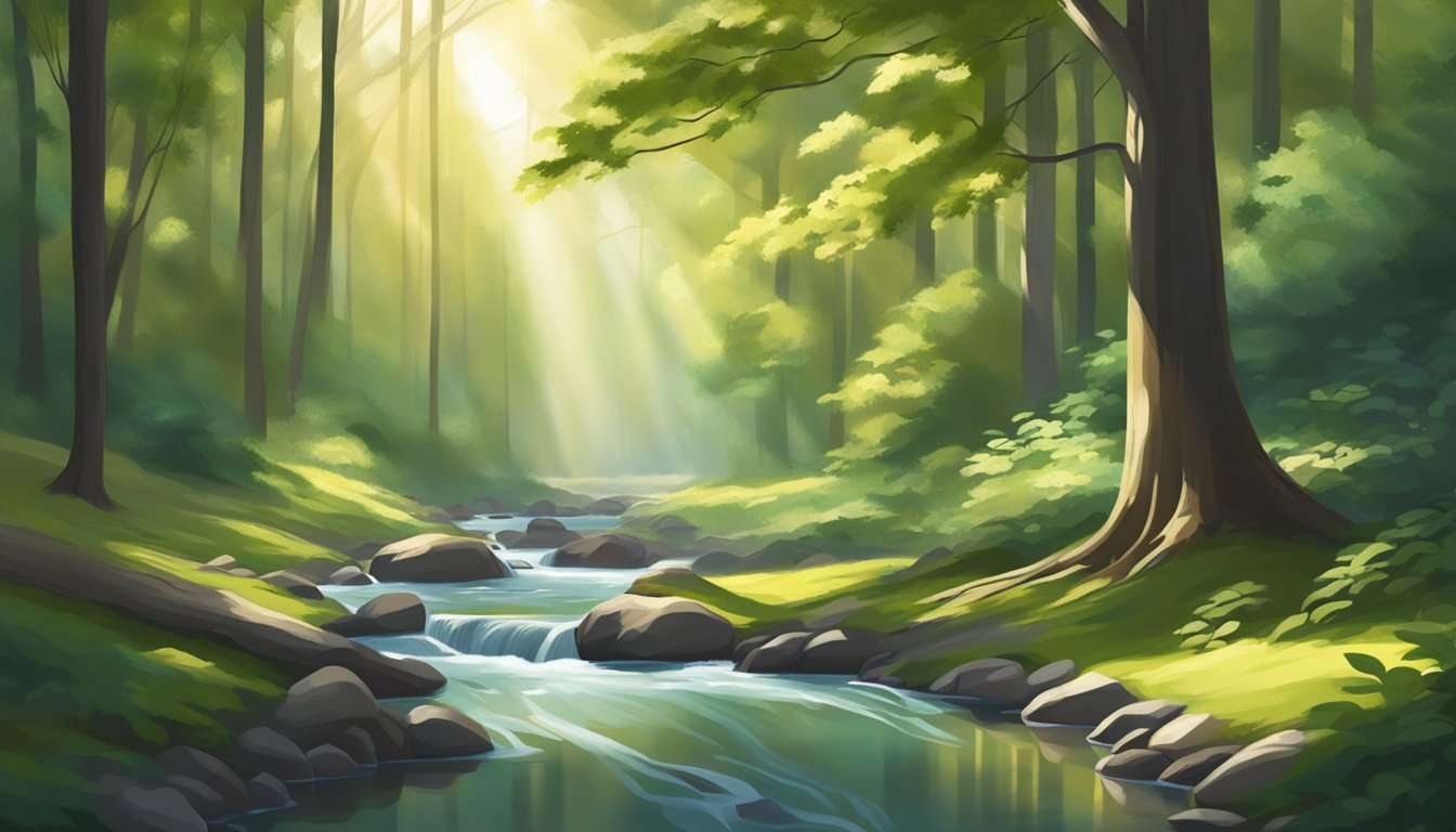 A serene forest with a flowing stream and dappled sunlight filtering through the trees, evoking a sense of calm and tranquility