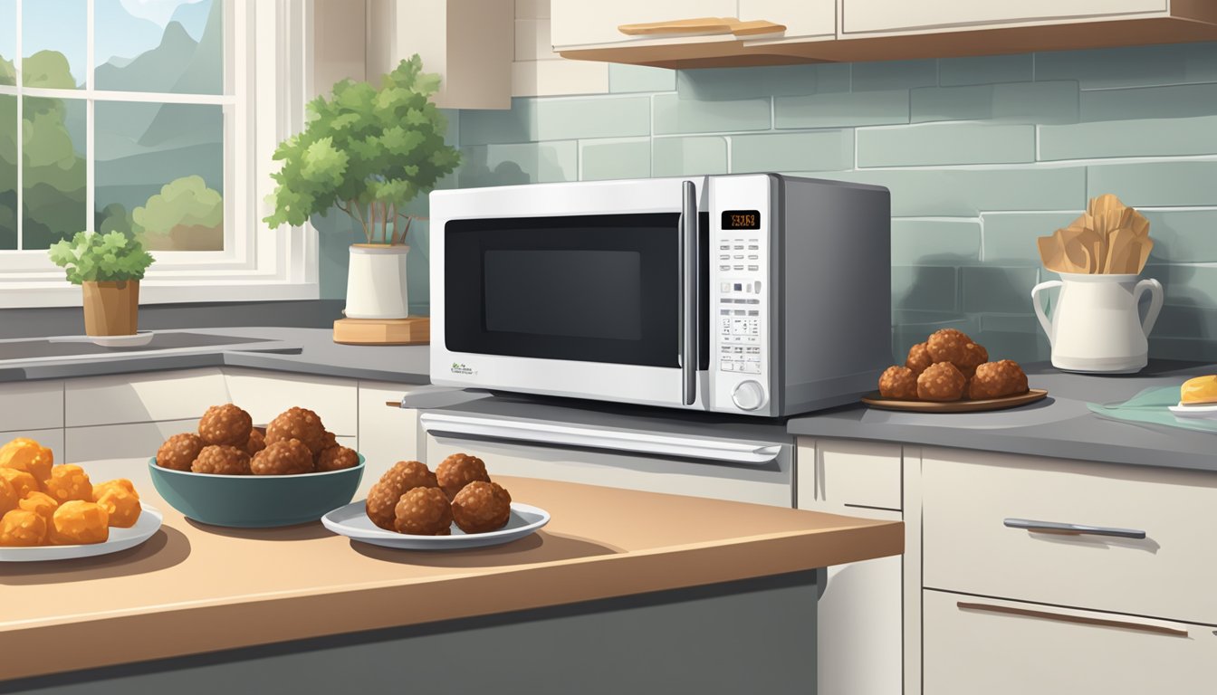 A kitchen with a microwave and a package of Farm Rich meatballs on a clean, organized shelf