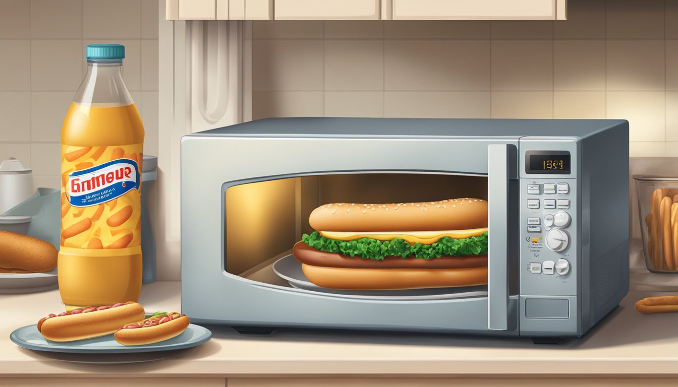 A microwave with an open door, a plate of frankfurters, and a container of leftover hot dog buns on a kitchen counter