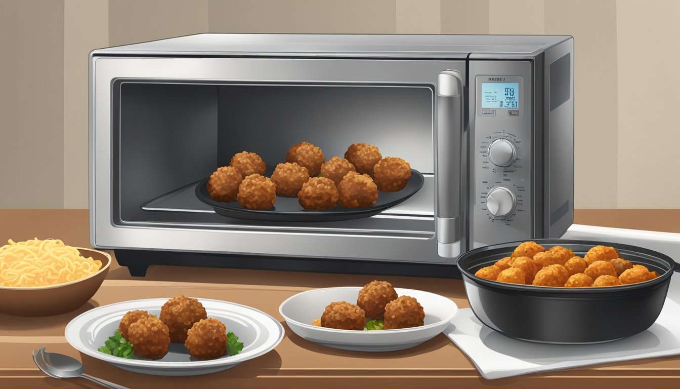 A microwave with a plate of mixed meatballs, a pan of sizzling meatballs, and an oven with a baking sheet of golden-brown meatballs