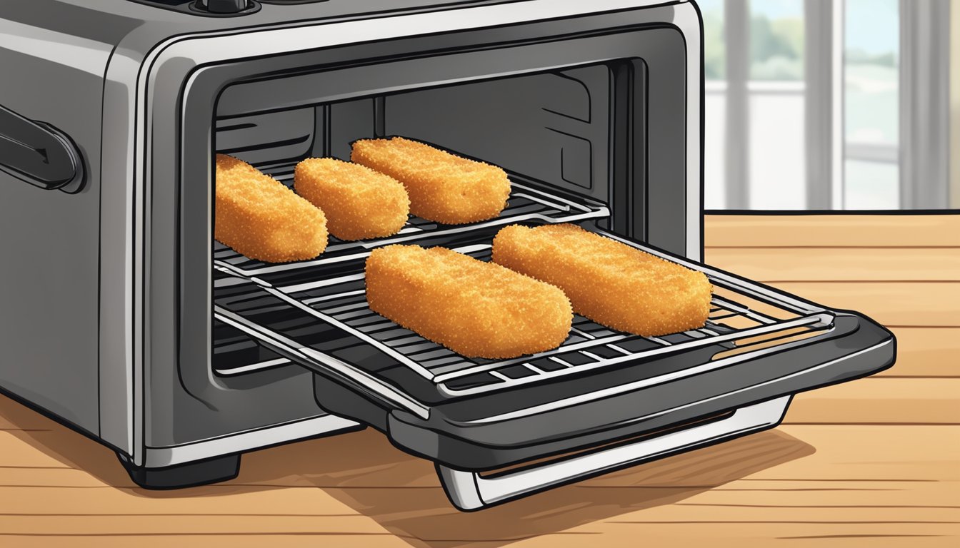 A plate of crispy golden mozzarella sticks being reheated in an oven or air fryer, with a timer nearby