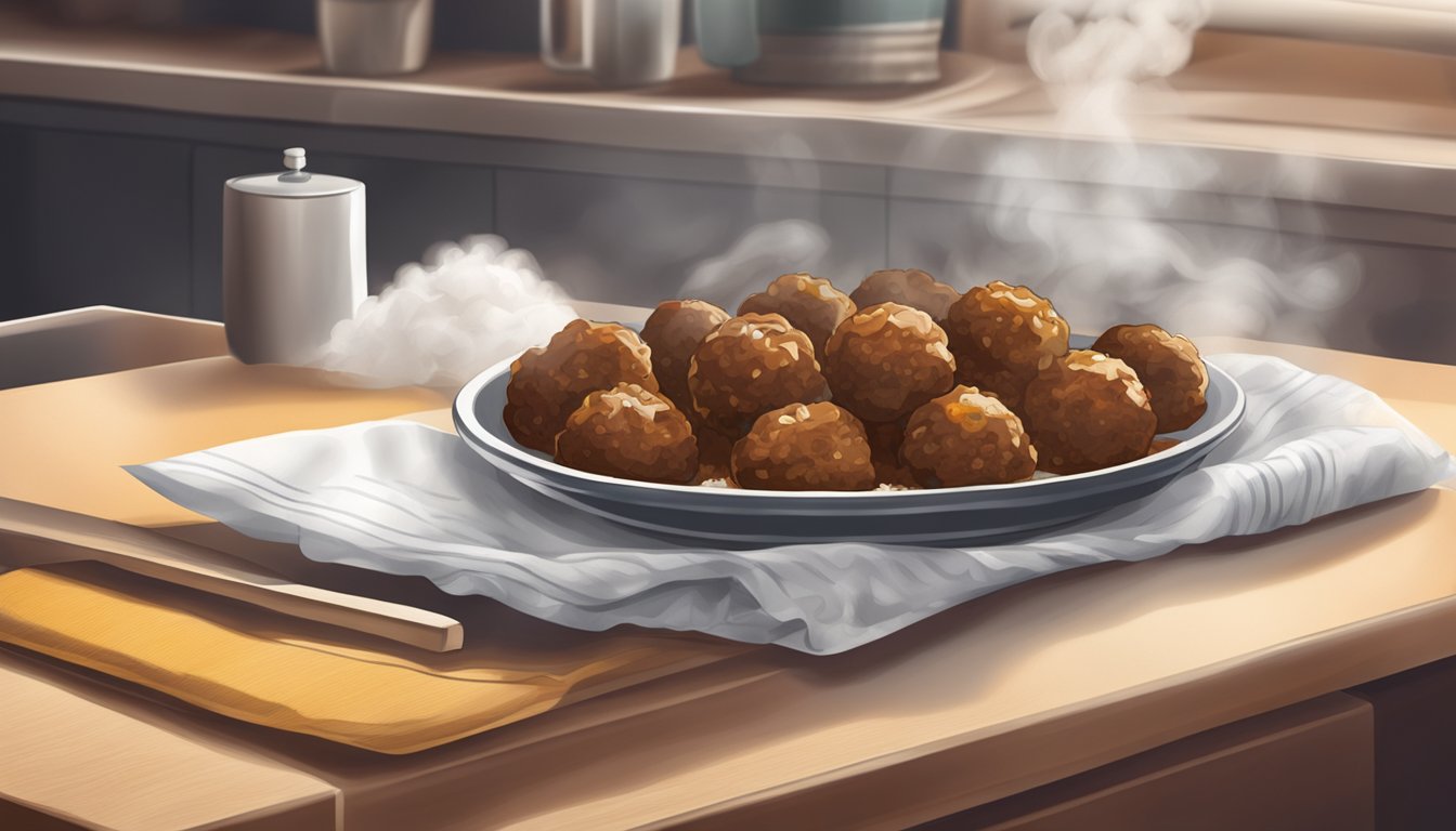 A plate of farm rich meatballs being reheated in the microwave on a bed of paper towels, with steam rising from the hot food