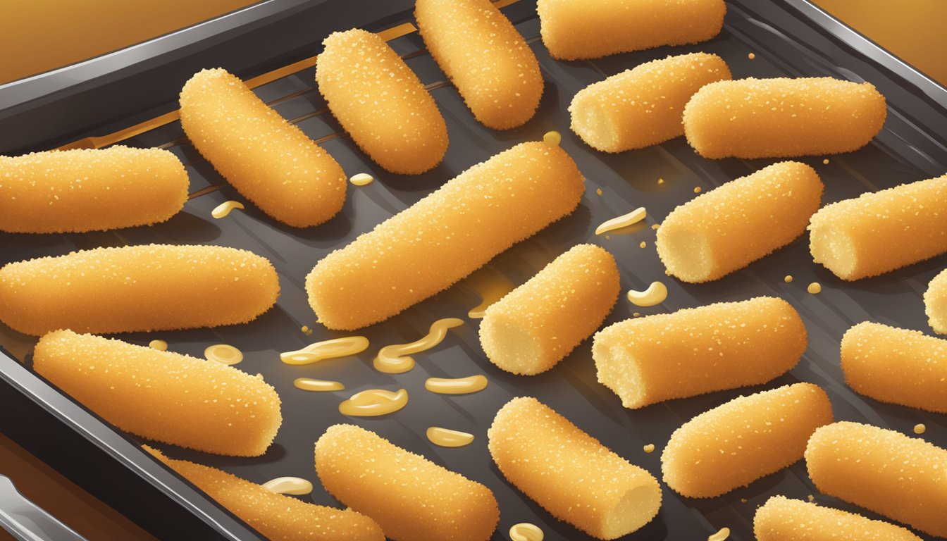 Golden mozzarella sticks sizzling on a baking sheet in a hot oven