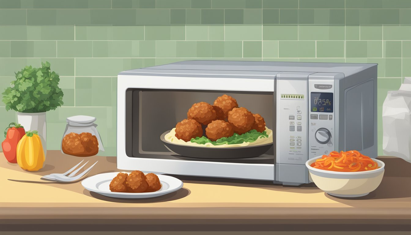 A microwave with an open bag of Farm Rich meatballs inside, a plate, and a fork next to it