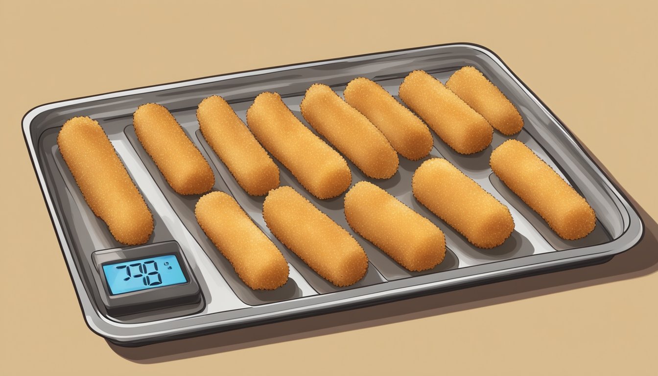 A plate of golden-brown mozzarella sticks arranged neatly on a baking sheet, with a timer set to indicate perfectly reheated snacks