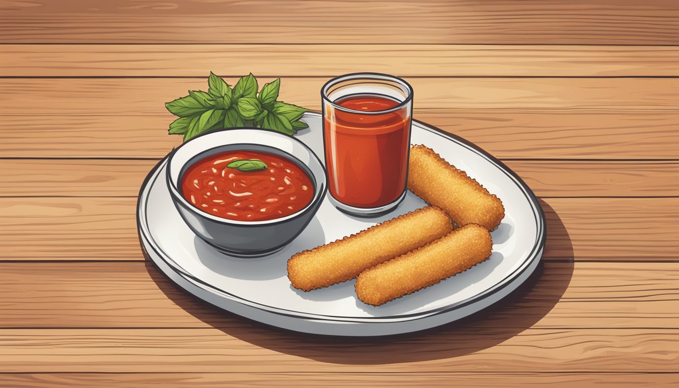 A plate of reheated farm rich mozzarella sticks next to a bowl of marinara sauce on a wooden table