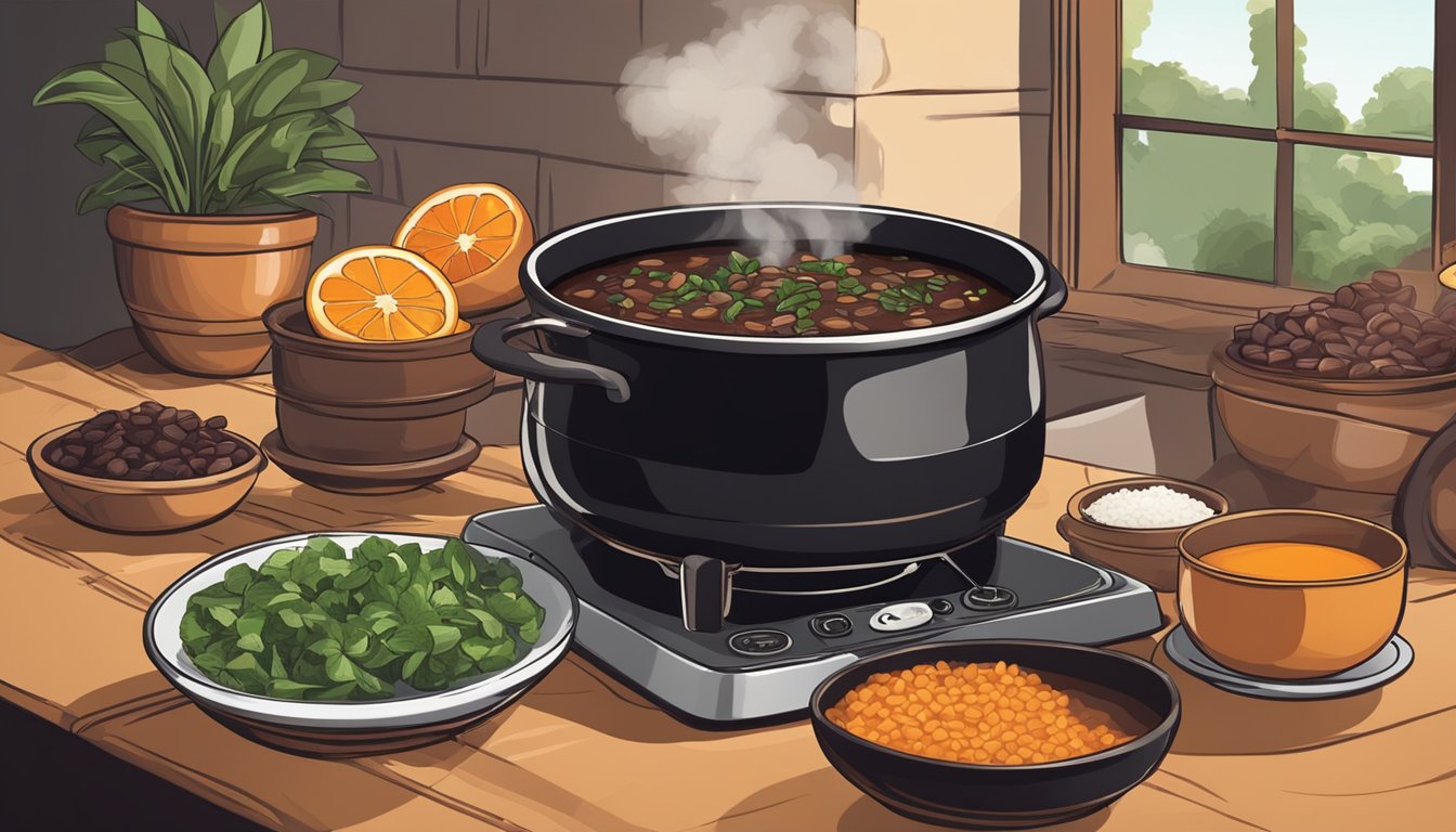 A pot of feijoada simmering on a stovetop, steam rising as a wooden spoon stirs the rich, dark stew. A bowl of rice and orange slices sit nearby