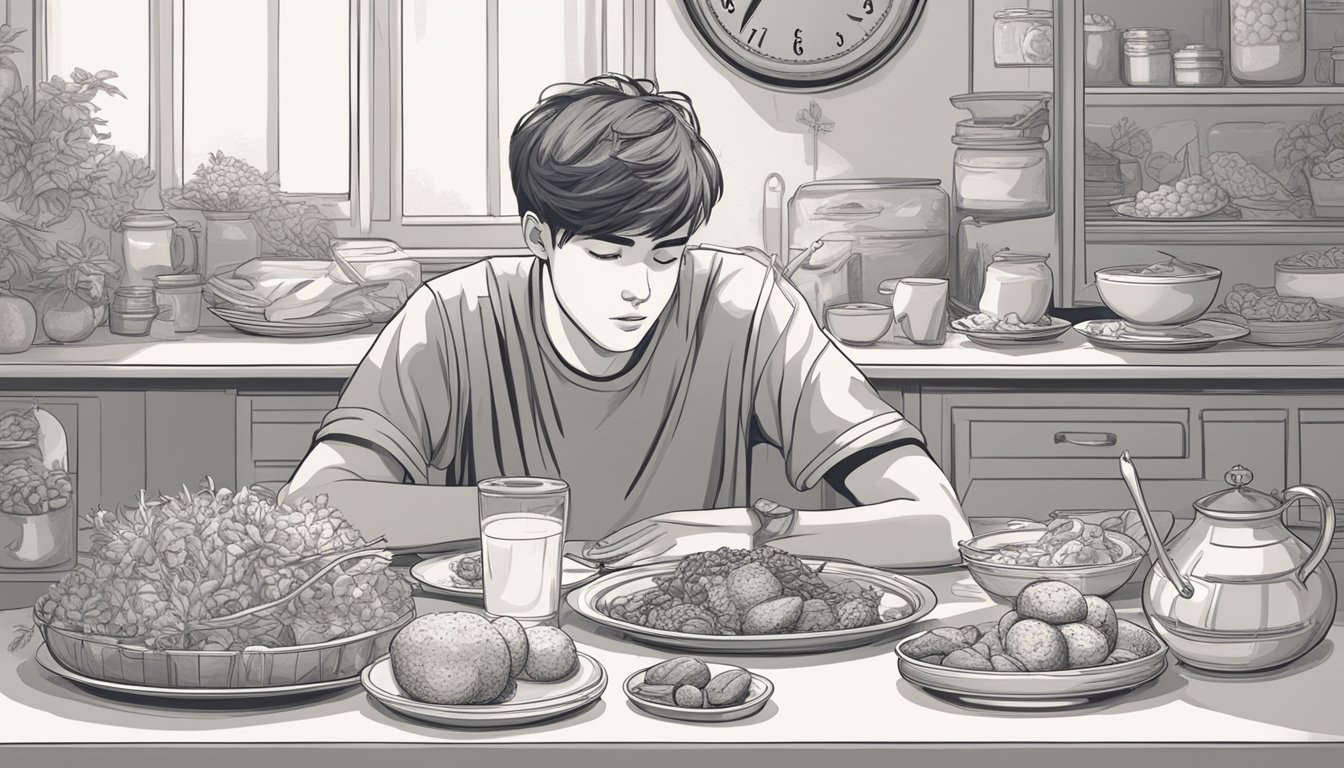 A teenager sitting at a table, surrounded by various food items and a clock, contemplating whether to eat or wait for the designated fasting period