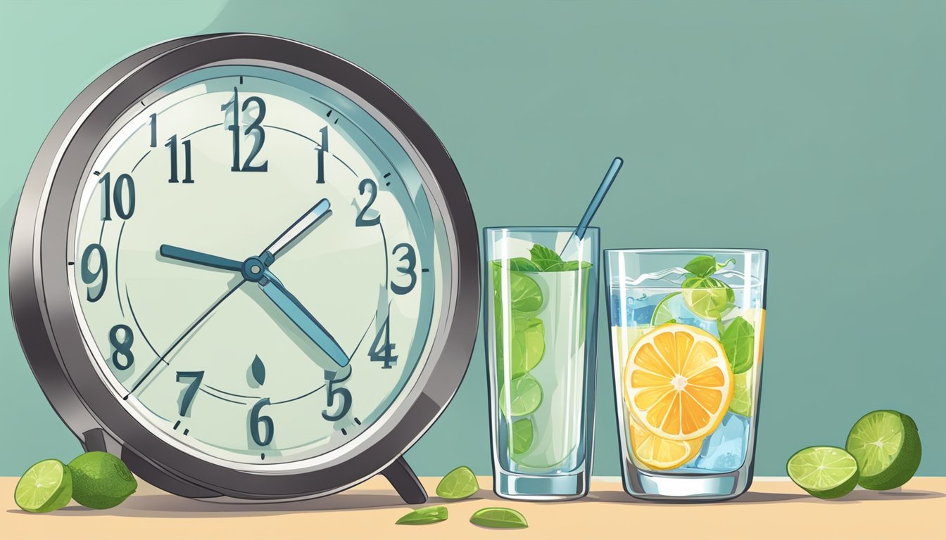 A glass of detox water sits beside a clock showing the fasting period