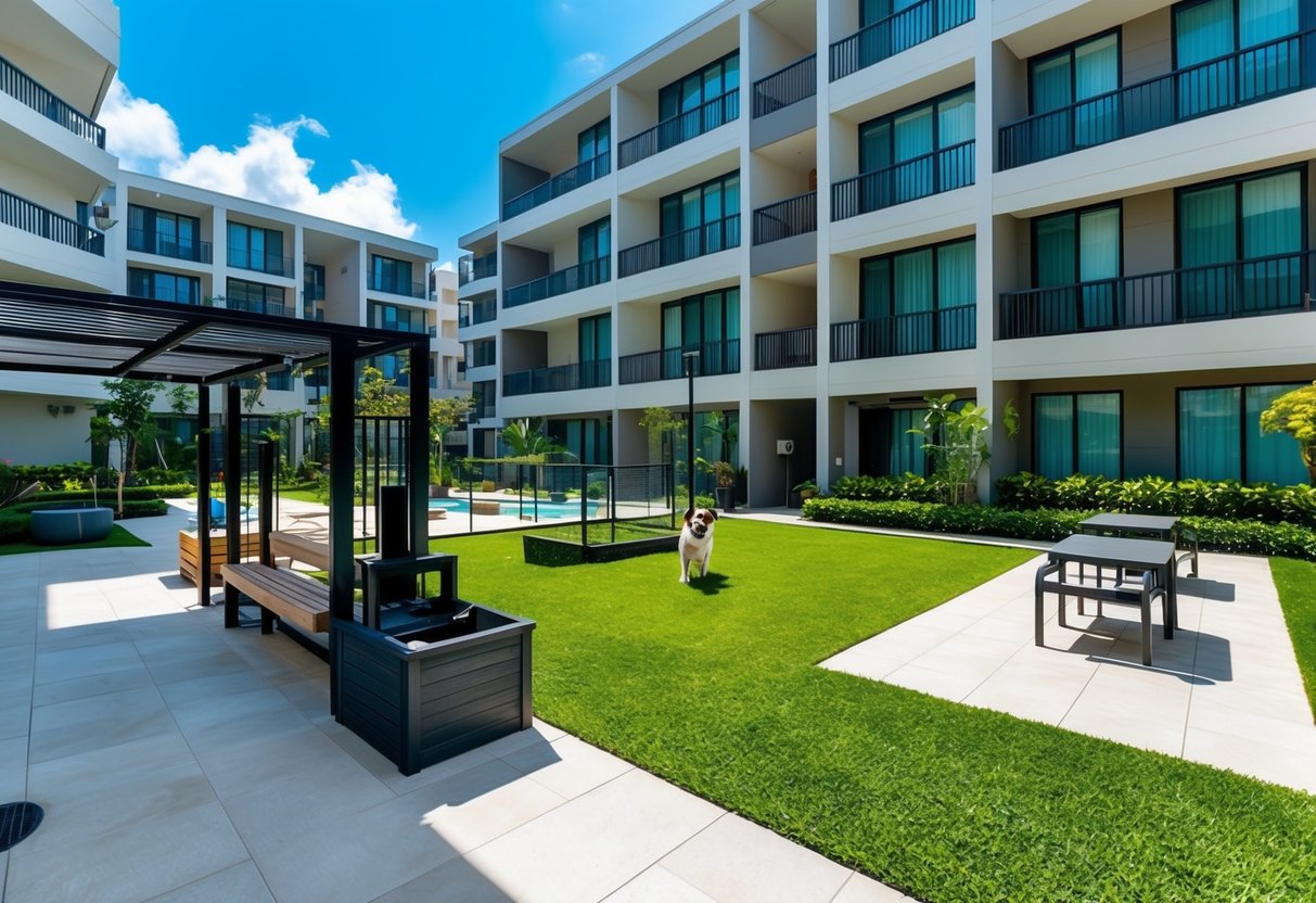 A sunny courtyard with a dog park, pet grooming station, and pet-friendly seating area in a modern condo complex in Cebu