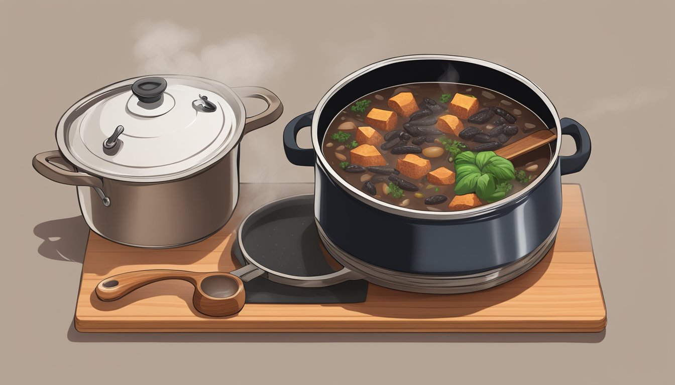 A steaming pot of feijoada sits on a stovetop, with a wooden spoon resting on the side. Steam rises, indicating the dish is being reheated to ensure optimal flavor and texture