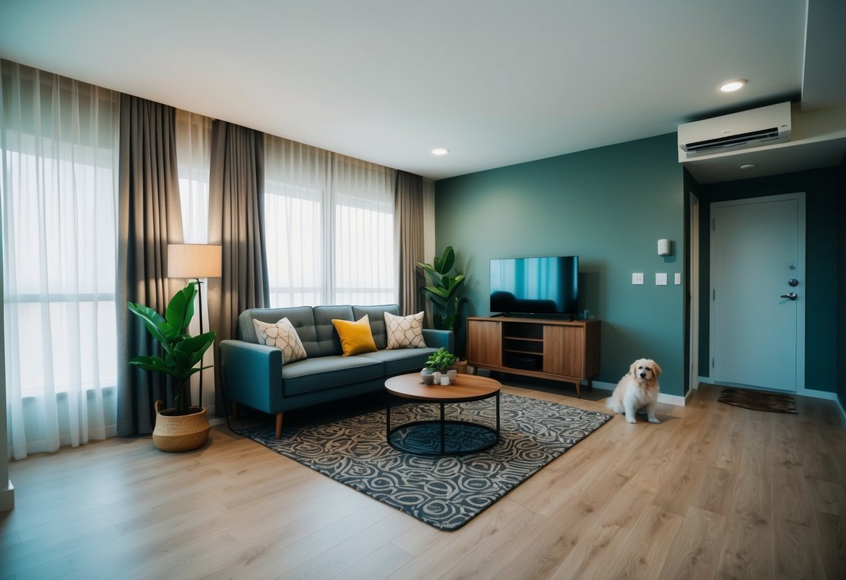 A cozy condo in Cebu with pet amenities, featuring a spacious living area, pet-friendly flooring, and a designated pet play area