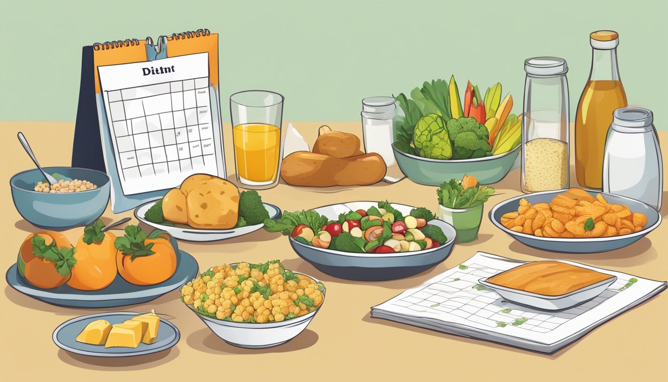 A table with various types of food arranged in front of a calendar, symbolizing different diet plans