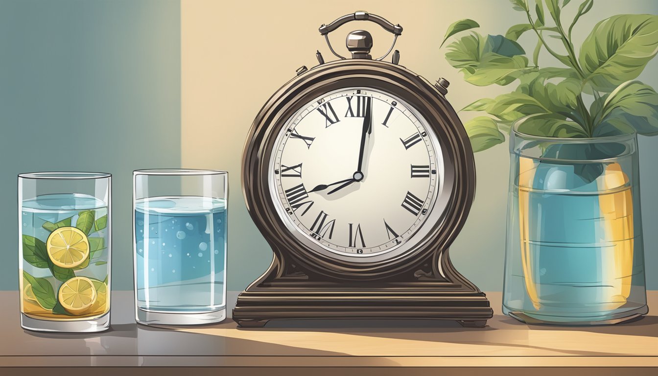 A clear glass of water sits next to a clock showing a 16-hour fasting period