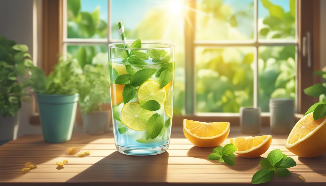 A glass of detox water sits on a wooden table, surrounded by fresh fruits and herbs. Sunlight filters through a nearby window, casting a warm glow on the scene