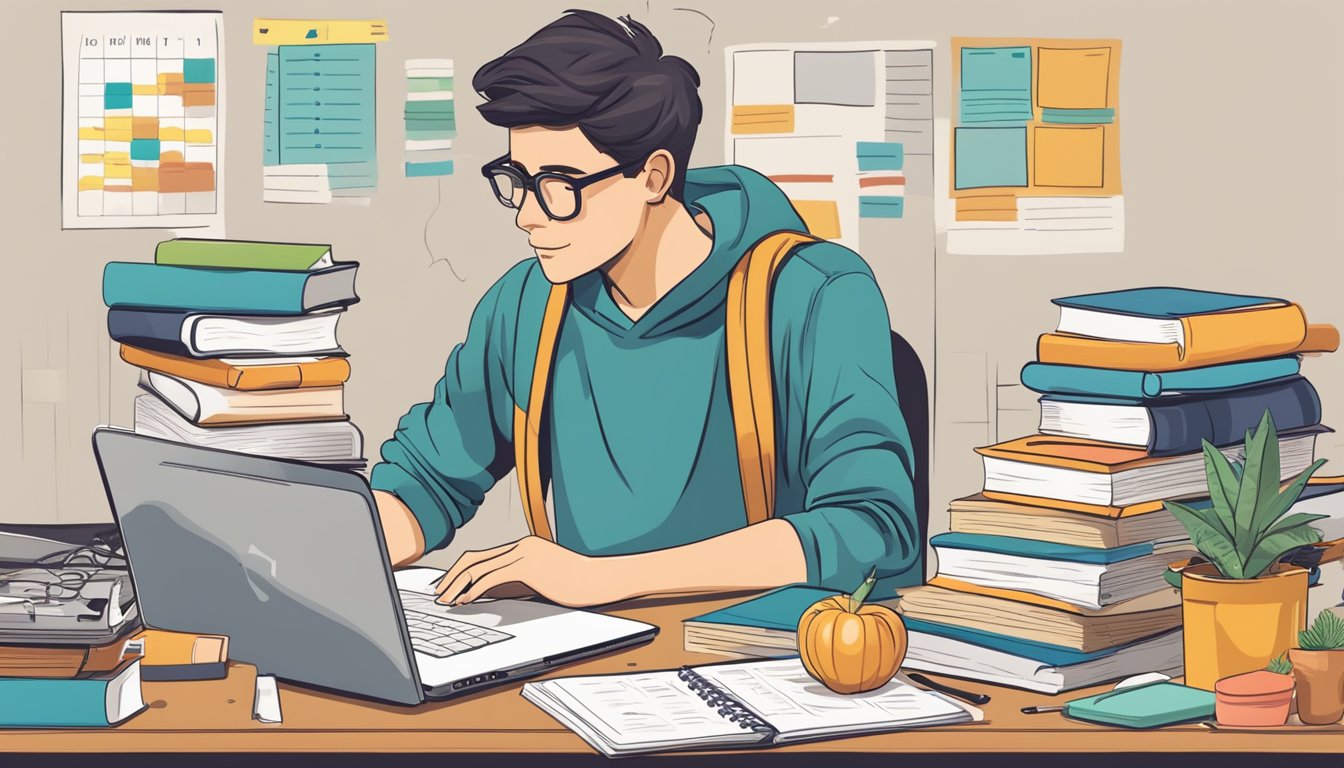 A teenager studying at a desk surrounded by books and a laptop, with a calendar showing scheduled eating periods for intermittent fasting