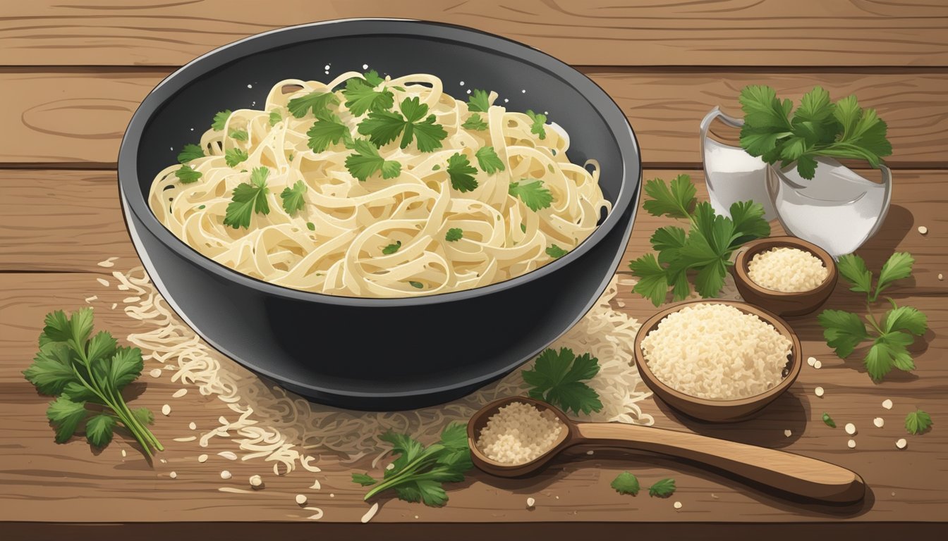 A steaming bowl of reheated fettuccine alfredo sits on a rustic wooden table, surrounded by freshly grated parmesan cheese, cracked black pepper, and a sprig of parsley