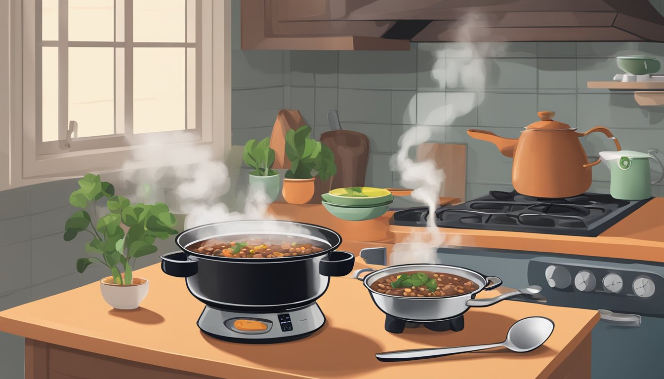 A pot of feijoada sits on a stovetop, alongside a ladle and a bowl. Steam rises from the dish as it is being reheated