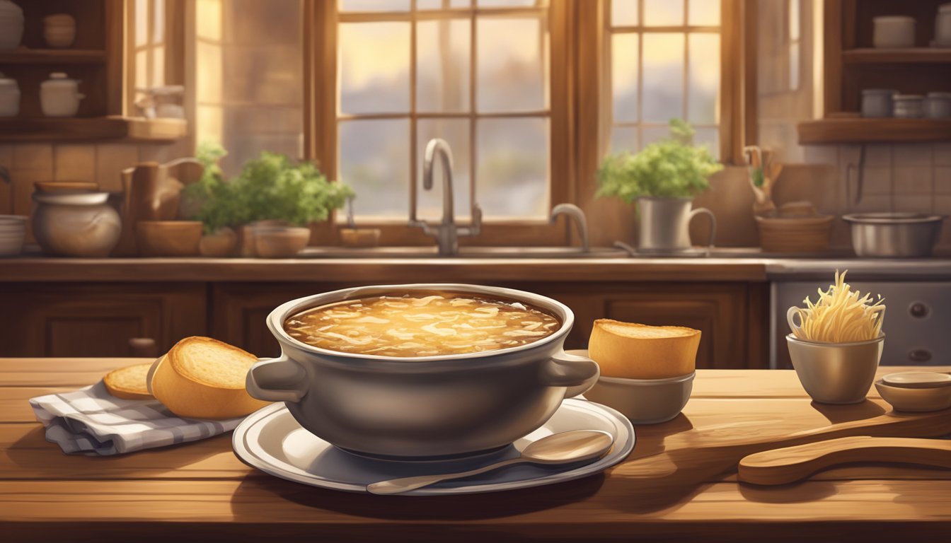 A steaming bowl of French onion soup sits on a rustic wooden table, surrounded by a warm and cozy kitchen setting