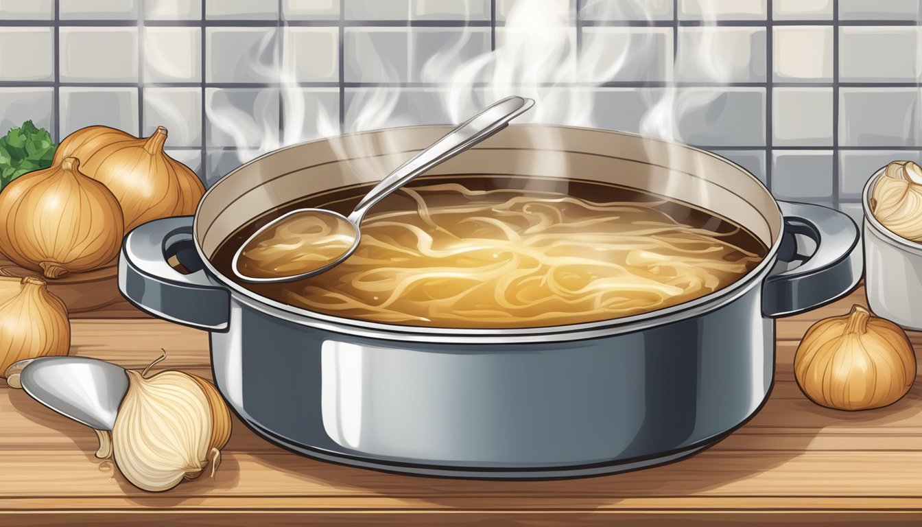 A pot of French onion soup sitting on a stovetop, with steam rising and a ladle resting on the side