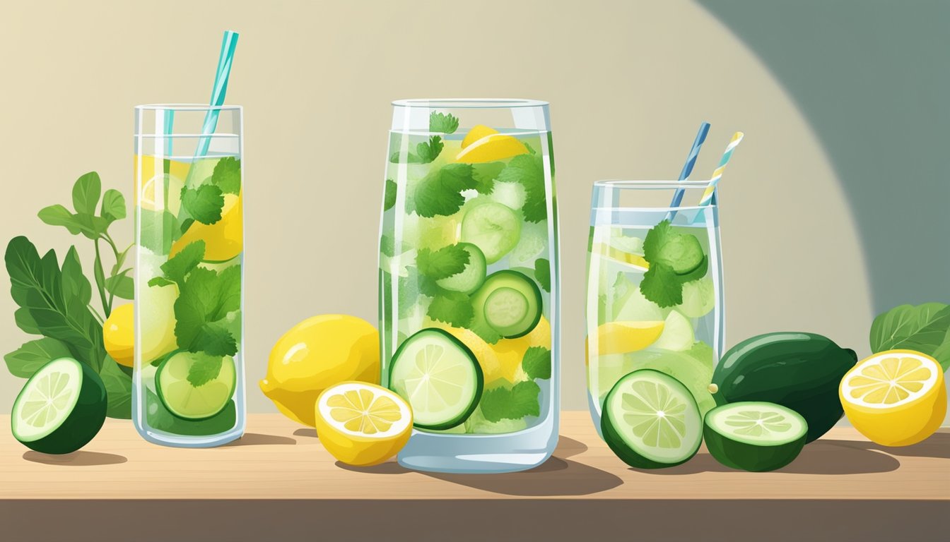 A glass of detox water with lemon and cucumber sits on a clean, modern table beside a neatly arranged array of fasting-friendly foods