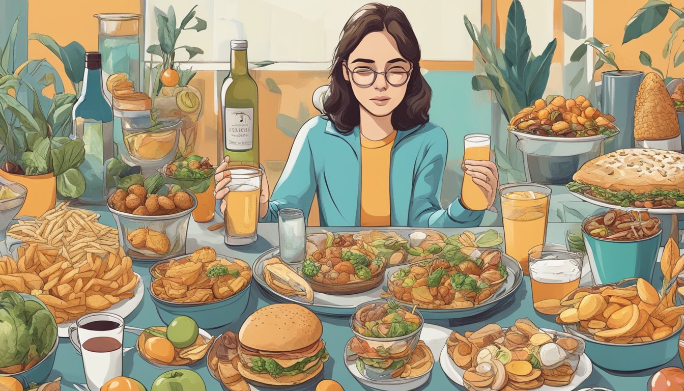 A person refraining from food but drinking water, surrounded by tempting food and drink items