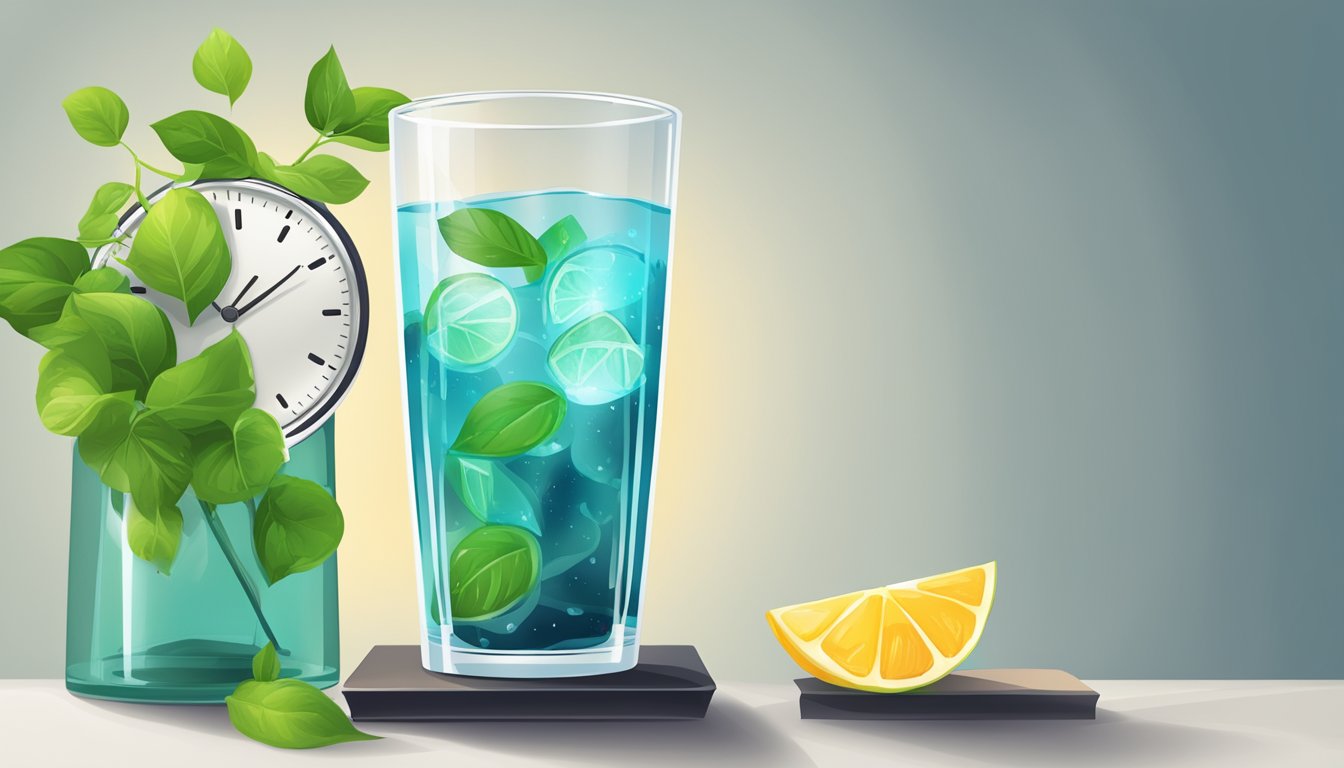 A glass of detox water sits next to a clock showing the time window for intermittent fasting