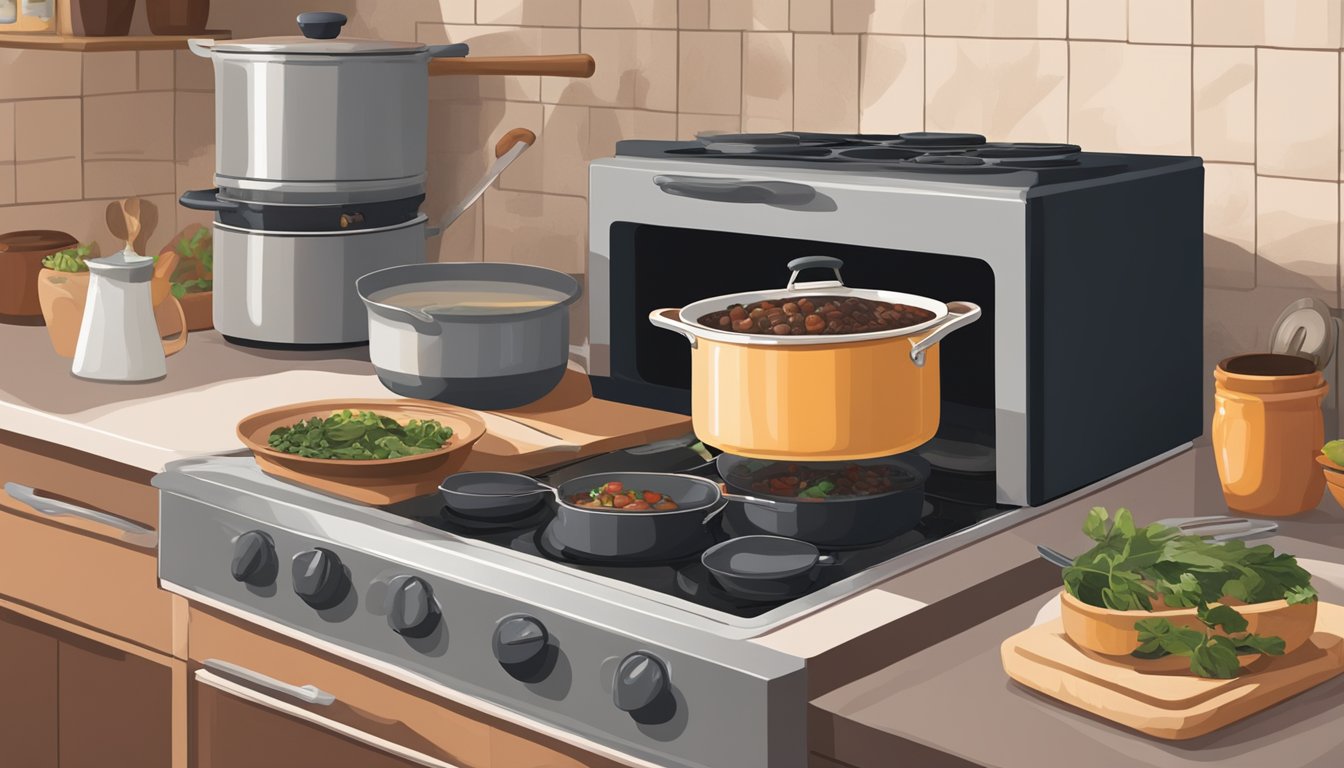 A pot of feijoada sits on a stovetop, steam rising as a person stirs it with a wooden spoon. Nearby, a microwave and oven offer alternative reheating methods