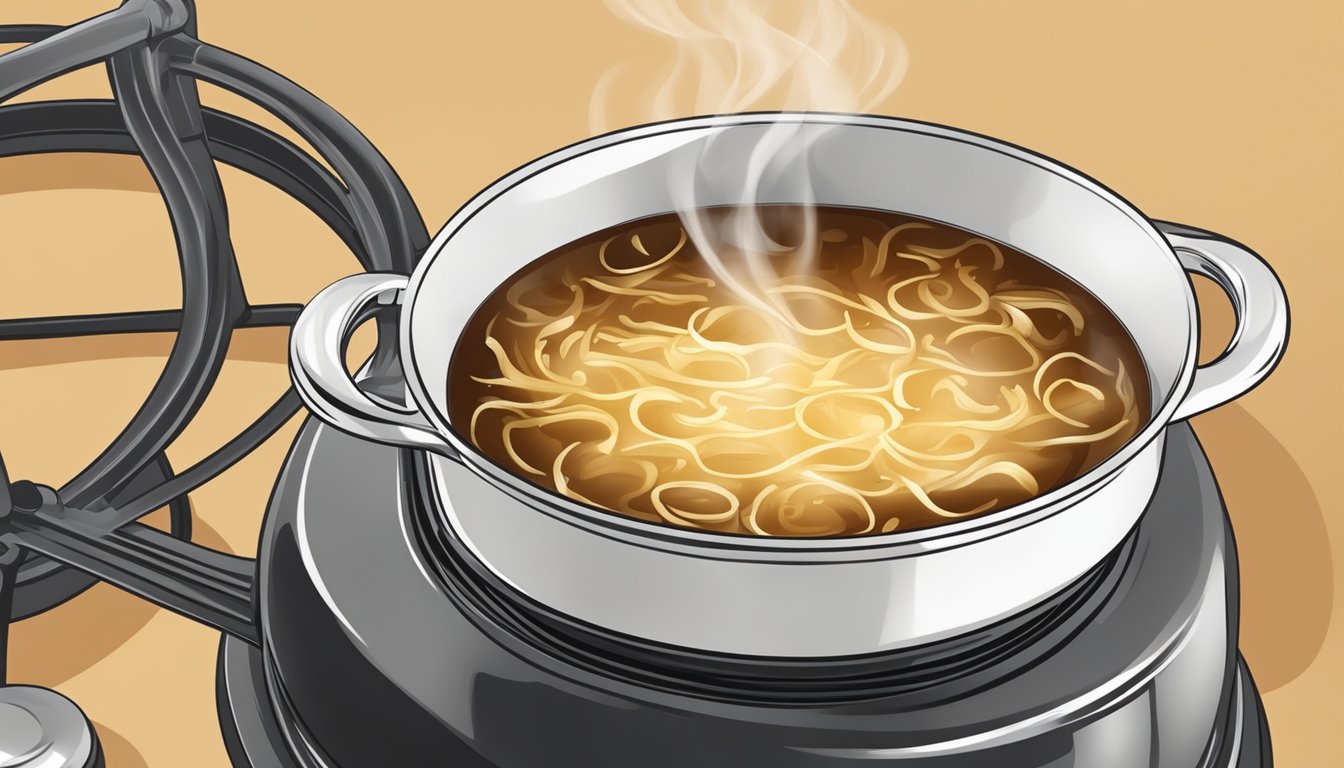 A pot of French onion soup being gently reheated on a stovetop, with steam rising and the aroma of caramelized onions filling the kitchen