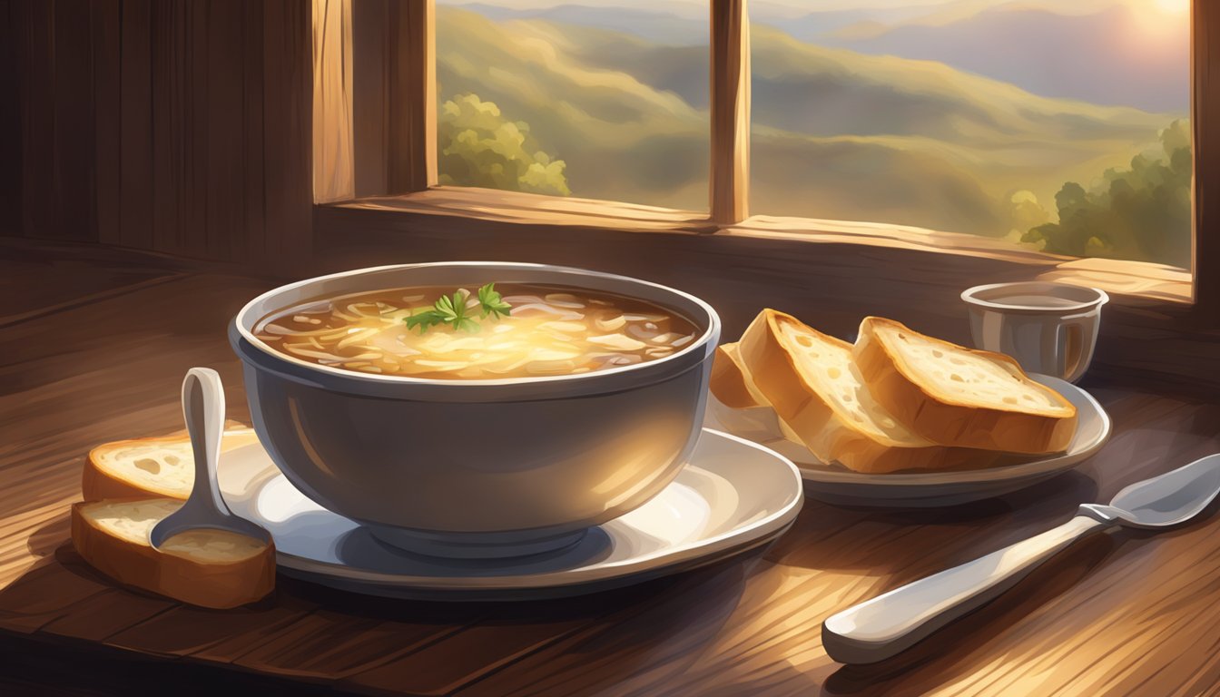 A steaming bowl of French onion soup sits on a rustic wooden table, surrounded by a soft glow from a nearby window