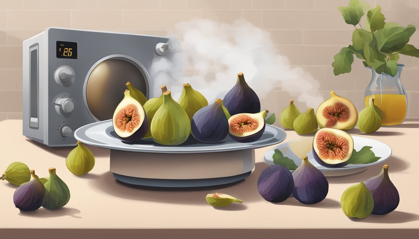 A plate with figs arranged in a circle, a microwave in the background, and steam rising from the fruit