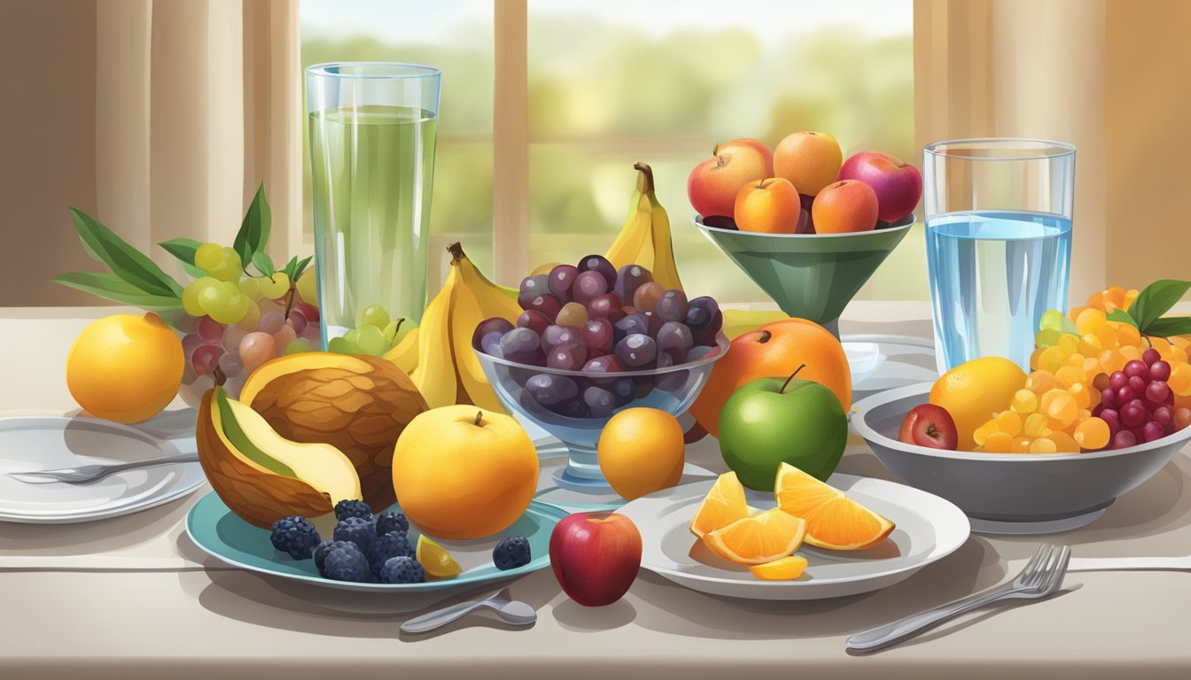 A table set with an assortment of colorful fruits, a glass of water, and a plate with a few dates, representing a scene of breaking a fast with fruits