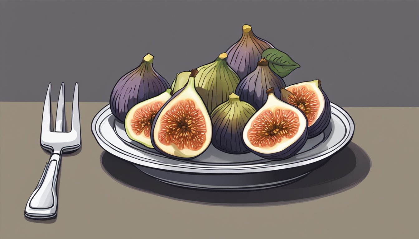 A plate of figs arranged in a single layer, with a fork next to them, placed in a microwave