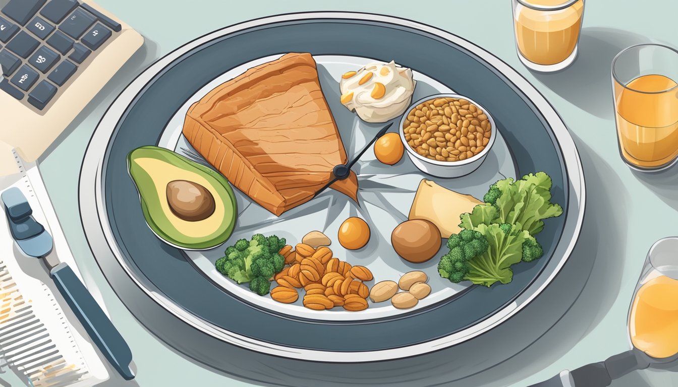 A plate of healthy, high-protein foods surrounded by a clock showing the fasting and eating windows