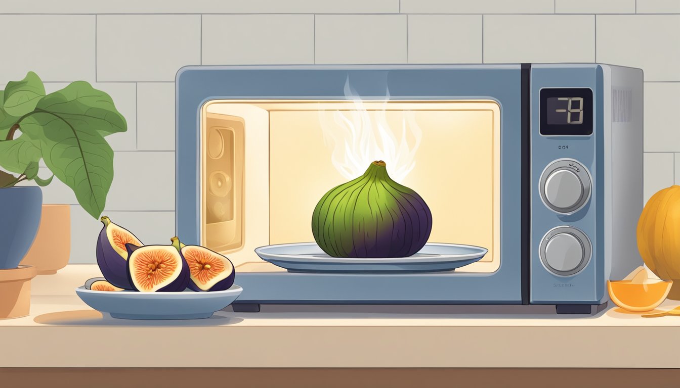 A fig being reheated in a microwave on a plate