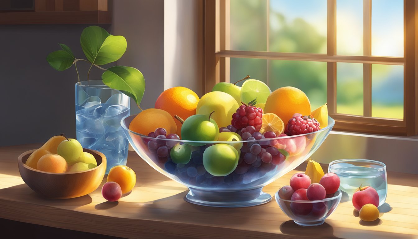 A bowl of assorted fruits arranged on a wooden table, with a glass of water next to it. Sunlight streaming in through a window