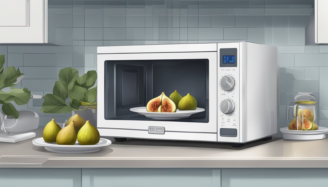 A microwave with an open door and a plate of figs inside