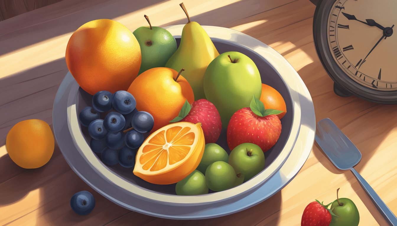 A bowl of assorted fruits sits on a wooden table, surrounded by a clock showing the end of a fasting period. Sunlight streams in through a nearby window