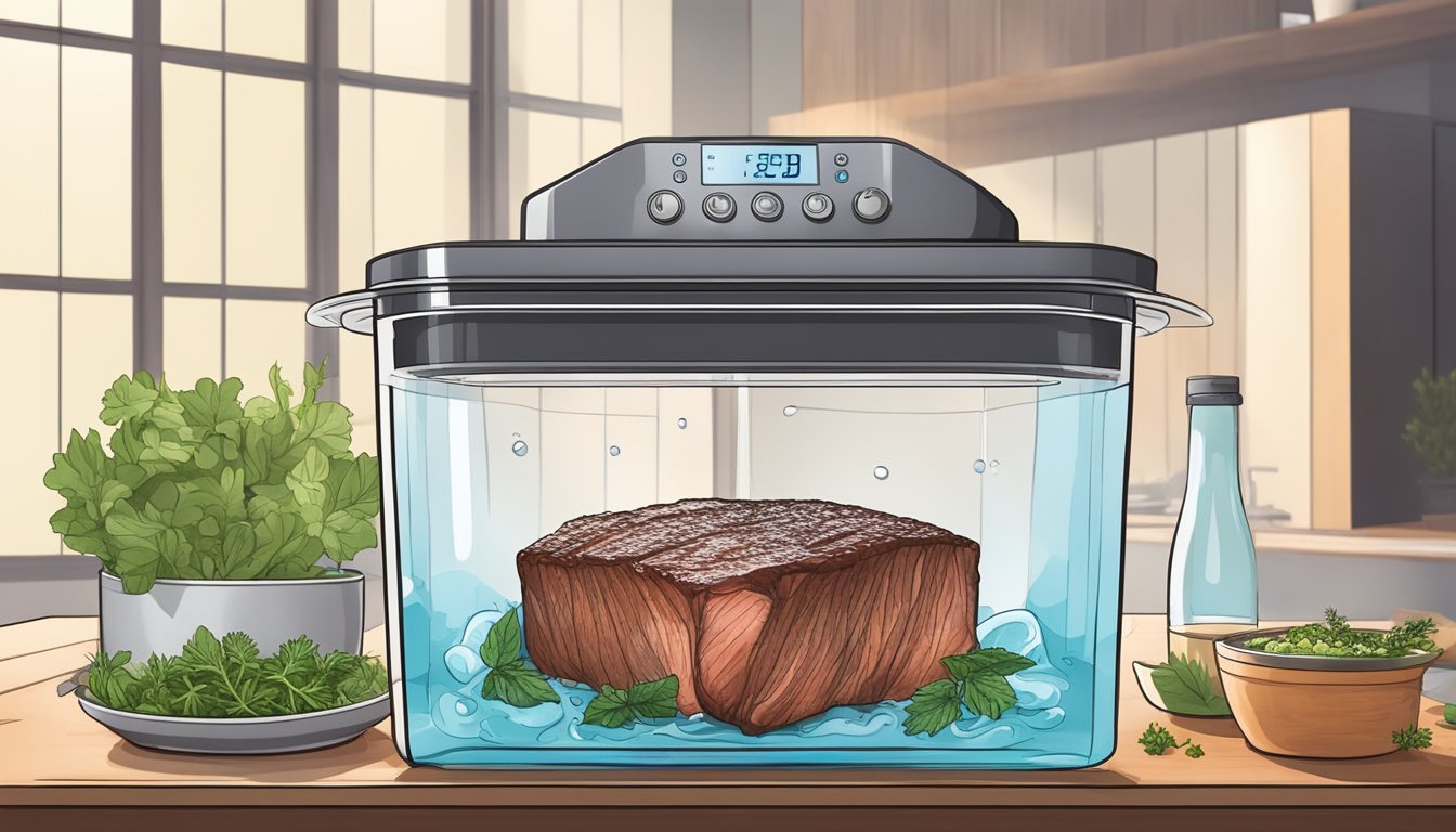 A vacuum-sealed filet mignon submerged in a water bath with a sous vide machine, surrounded by herbs and seasonings